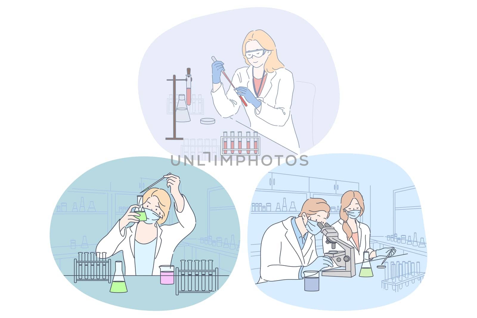 Coronavirus medical research and virus analysis in lab. People doctor scientists in protective medical masks and glasses making scientific experiment and investigating microbiology of molecules in lab