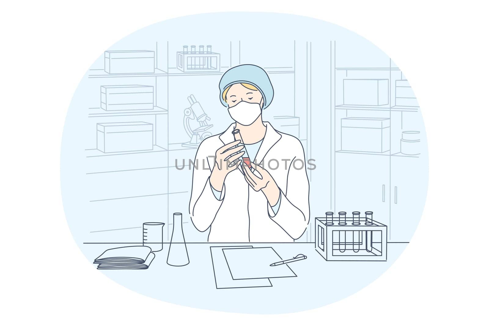 Research of coronavirus vaccine in medical laboratory concept. Young woman doctor scientist in medical face mask sitting making research of COVID-19 vaccine for patients vaccination illustration