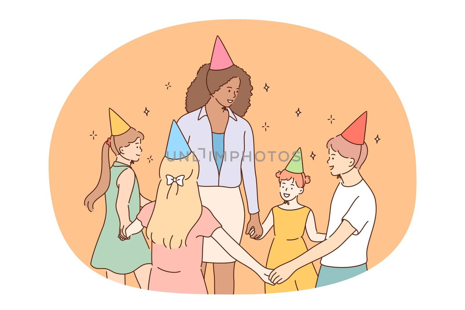 Children, birthday party, friendship concept. Group of smiling cheerful children friends in festive caps holding hands and celebrating birthday with teacher mother or nanny together