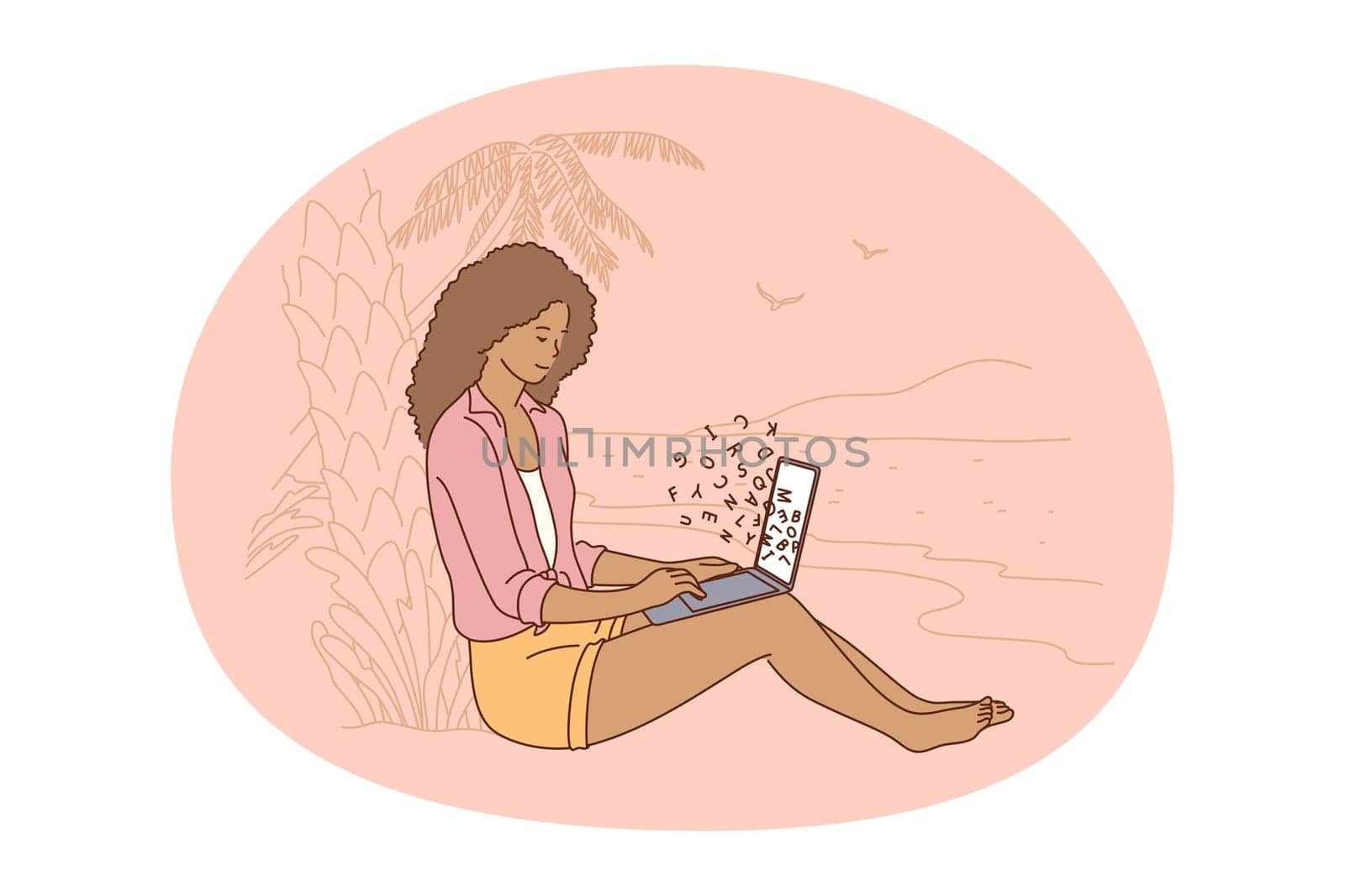Online communication, e-learning, freelancer concept. Young smiling woman cartoon character sitting on beach with laptop and typing on keyboard working from distance as author