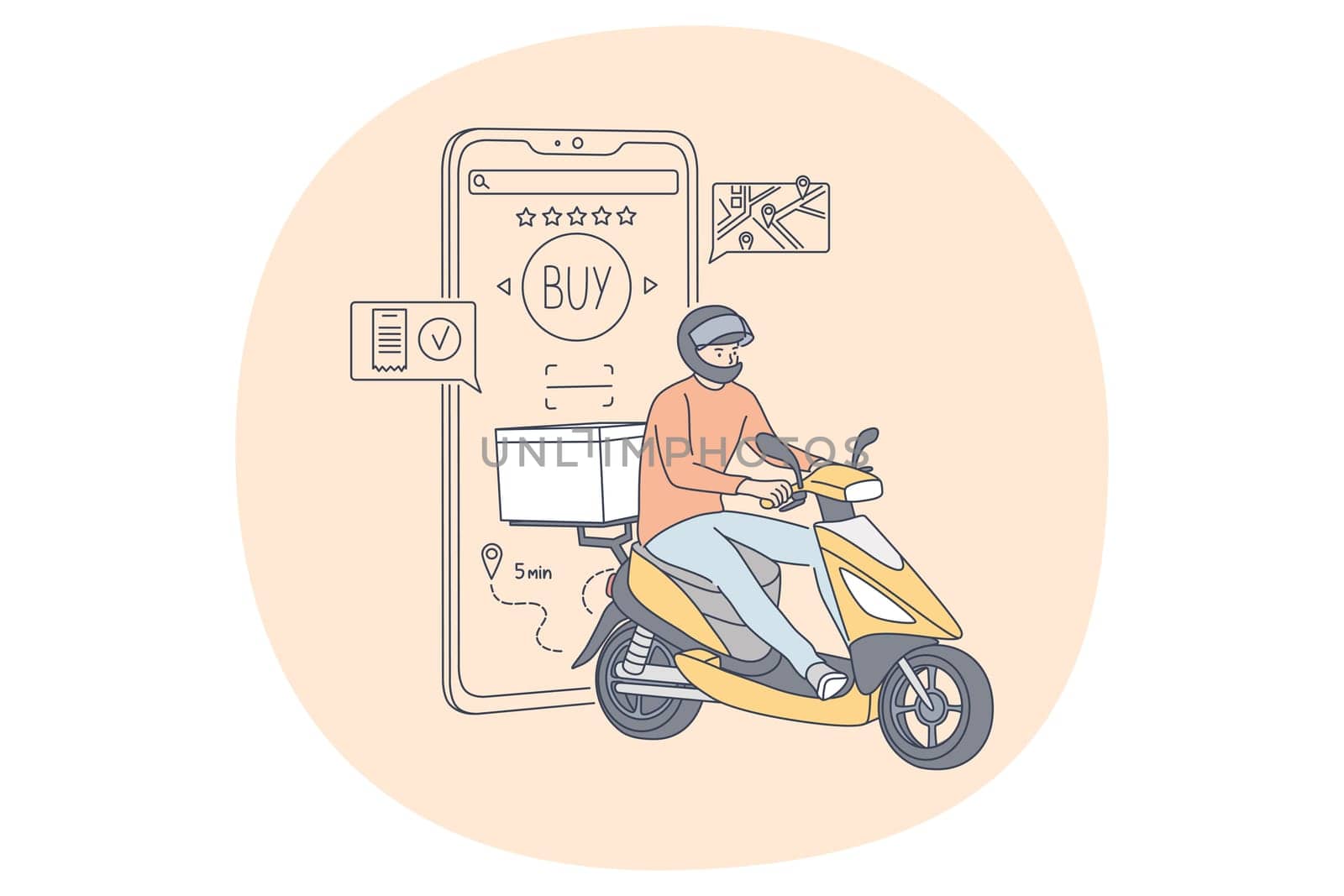 Online shopping and technologies concept. Screen of smartphone with shopping card and online order and deliveryman on scooter delivering package to client vector illustration