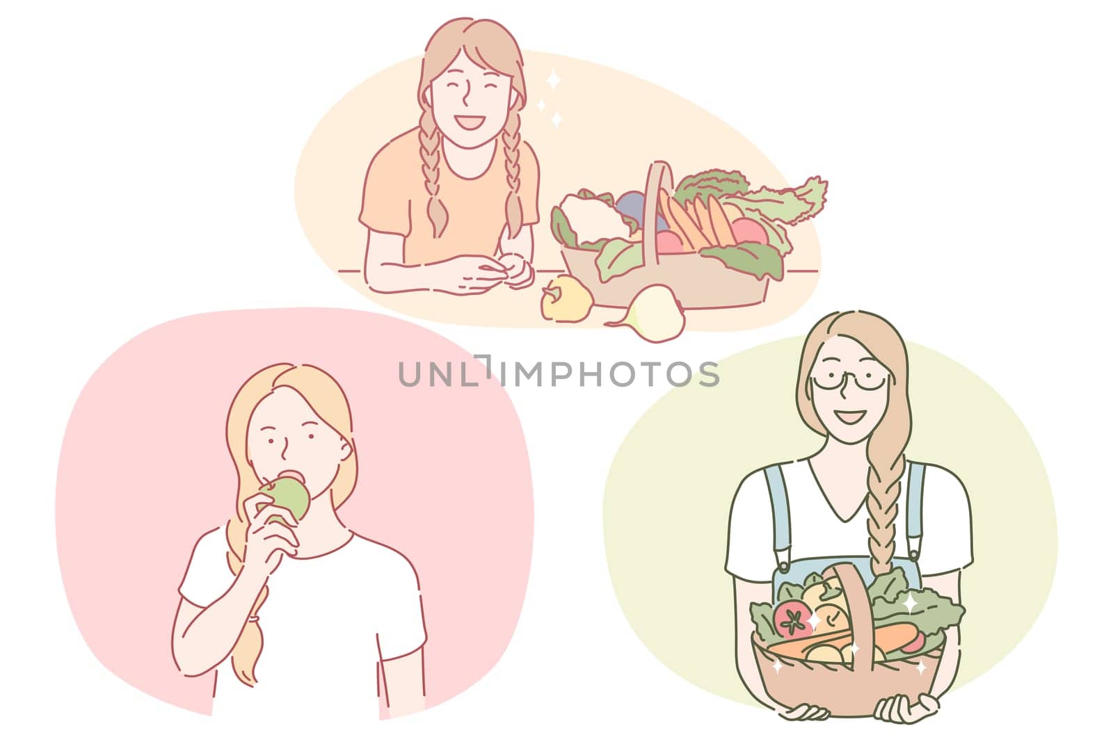 Healthy food, clean eating, vegetarian concept. Young positive women cartoon characters eating fresh vegetables and fruits and holding baskets with seasonal produce nutrition illustration