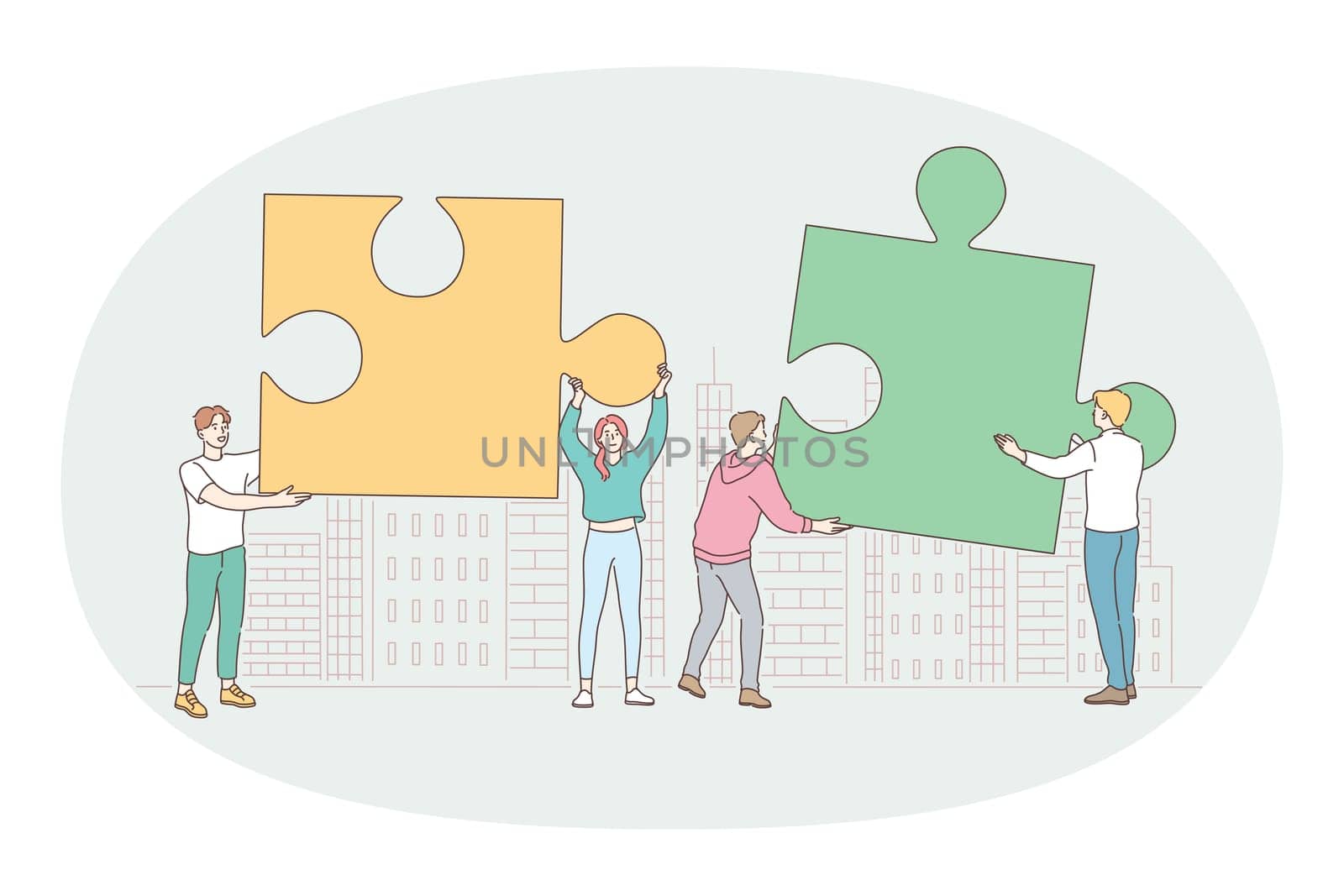 Teamwork, cooperation, partnership concept. Group of young business people office workers partners cartoon characters making whole picture of puzzle details together illustration