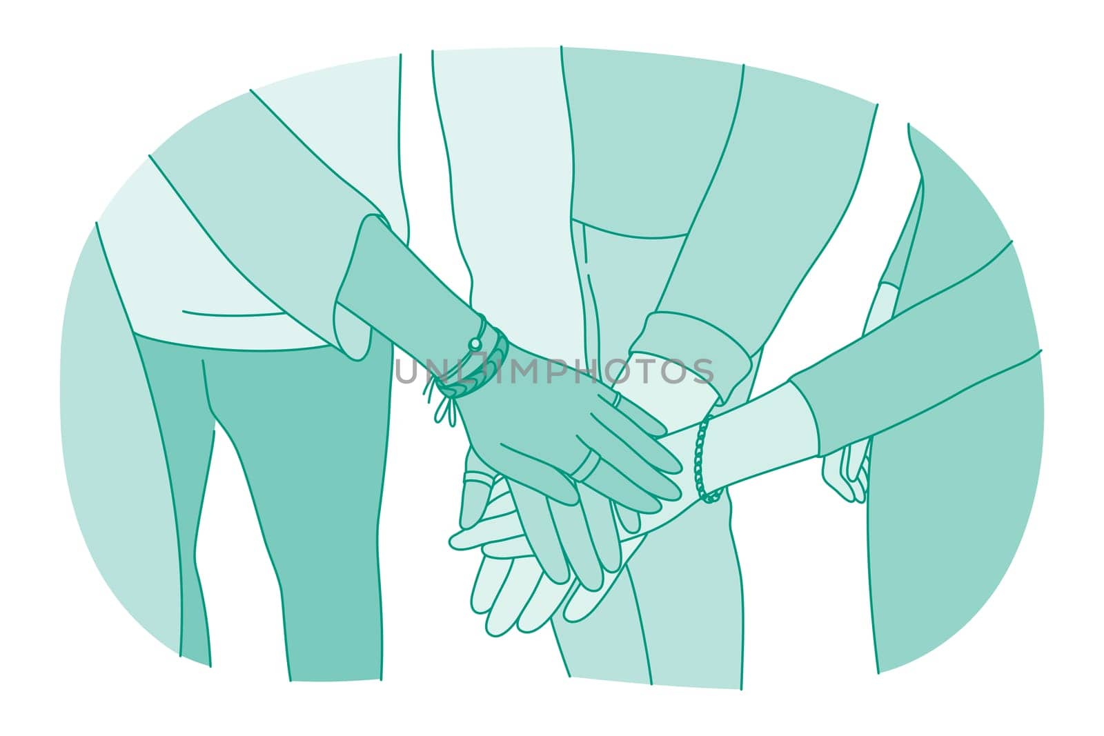 Unity, partnership, Teamwork concept. Hands of diverse people partners or friends in forming stack and meaning team, unity, togetherness and support vector illustration