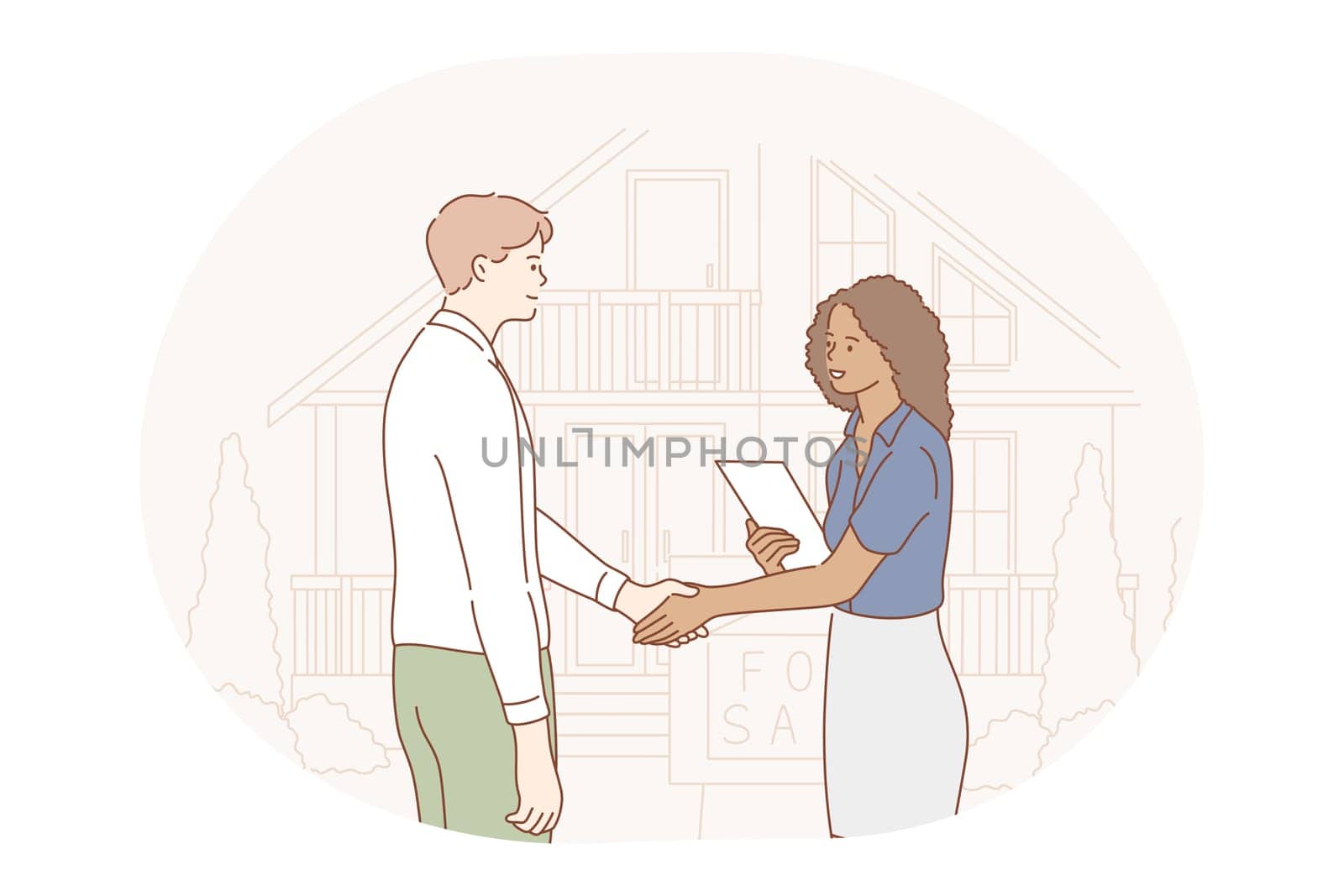 Teamwork, cooperation, partnership concept. Young business people office workers partners cartoon characters standing and shaking hands after successful negotiations in office illustration