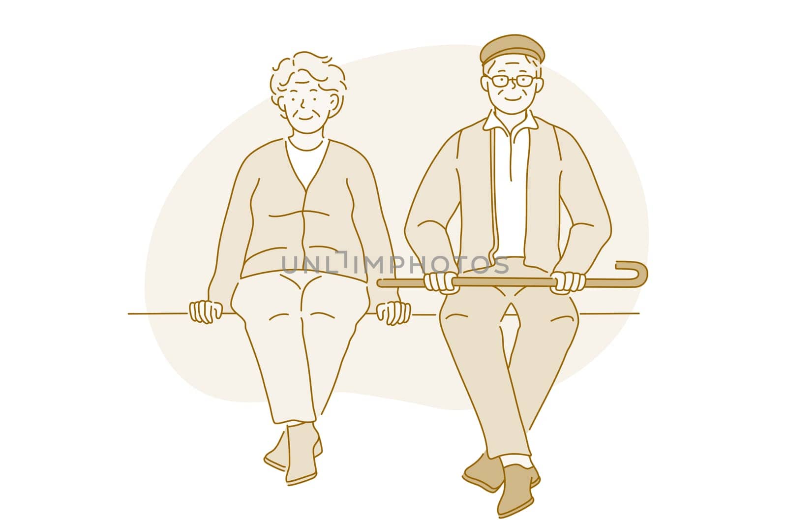 Senior elderly couple living happy active lifestyle concept. Happy mature aged couple pensioners woman and man sitting together on bench during walk looking at camera. Retiree, pensioner happiness