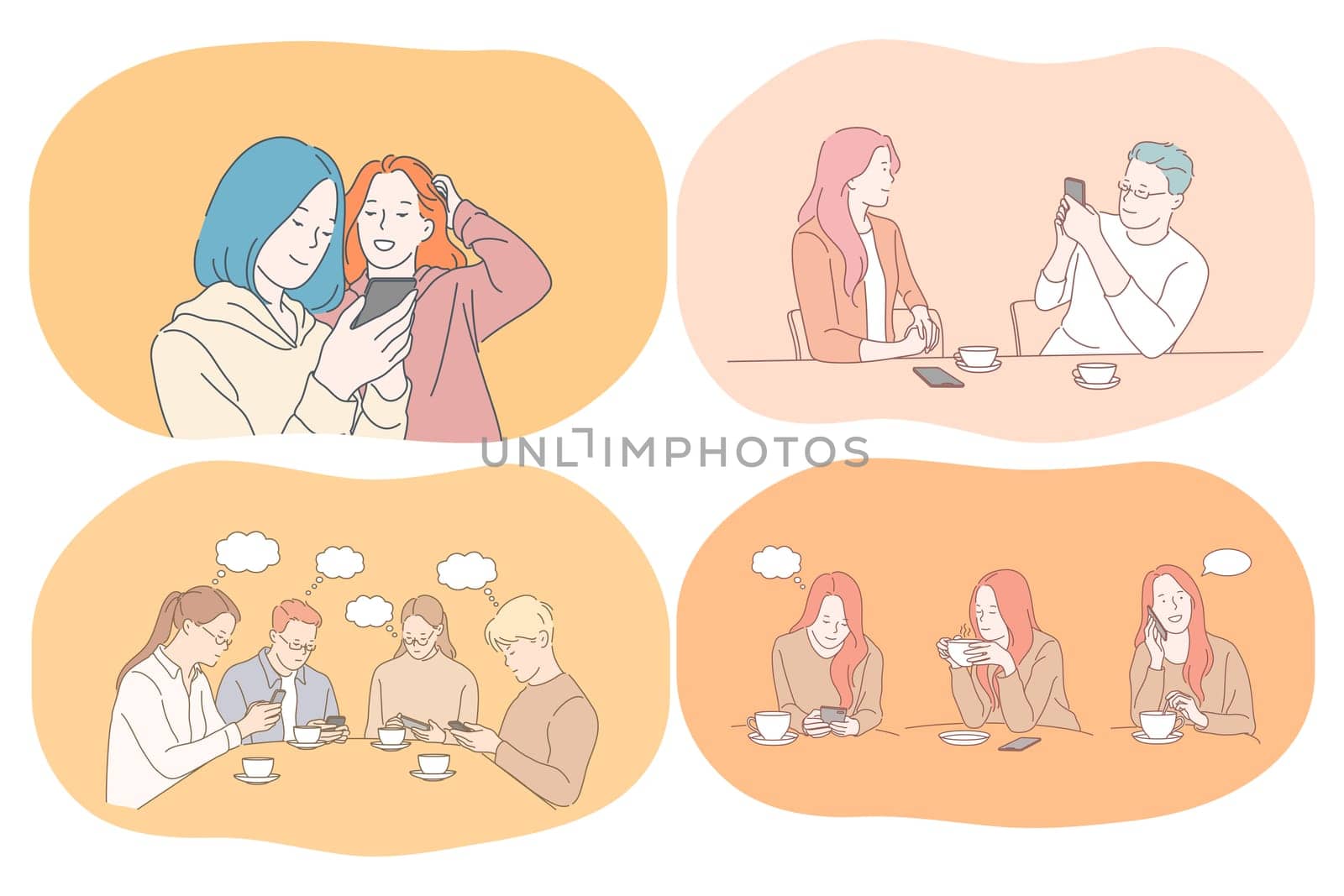 Smartphone, online communication, chatting concept. Young teen people cartoon characters making photo on smartphone, chatting, searching information in internet, calling and communicating