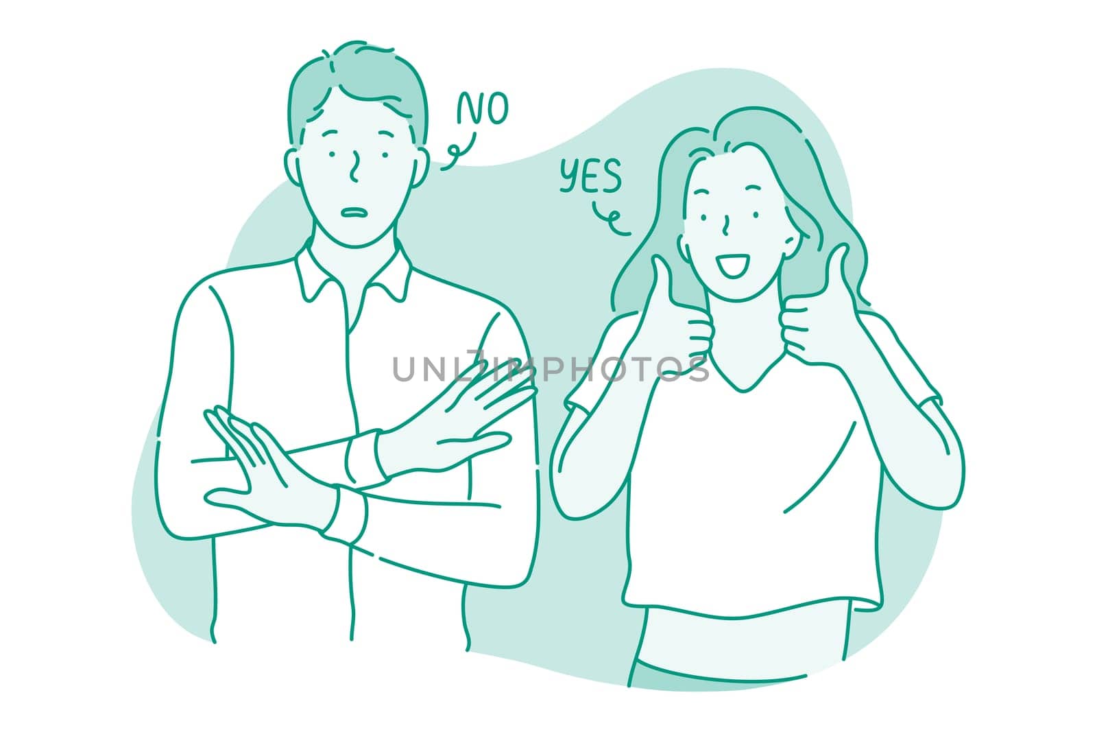 Various emotions and contrasts in couple concept. Young frustrated man standing showing no protest sign with hands while his positive smiling girlfriend showing thumbs up positive gesture with fingers
