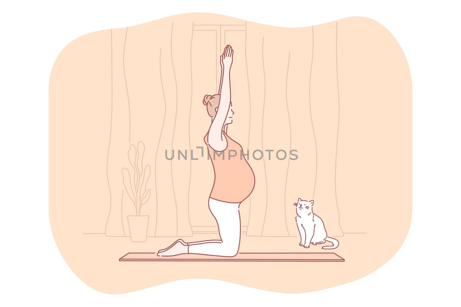 Pregnancy, motherhood, expecting for childbirth and baby concept. Young happy pregnant woman cartoon character exercising and practicing yoga and meditation on fitness mat at home