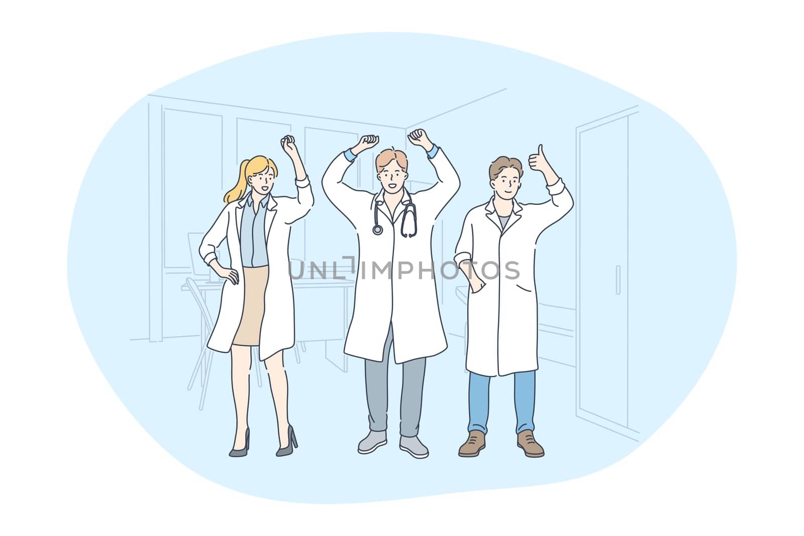 Medicine, doctors, achievement concept. Young men and woman doctors in white medical uniform standing and celebrating successful achievement with raised hands in ,equal clinic office together
