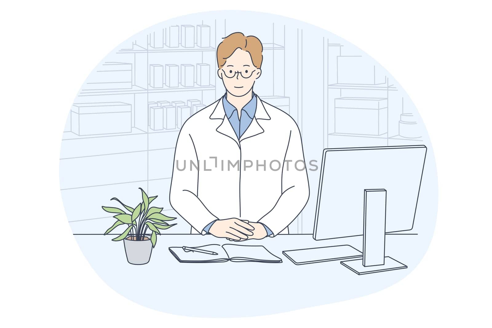 Doctor, medicine, healthcare concept. Young smiling man doctor in white uniform cartoon character sitting in medical clinic office near laptop and notebook. Medicare, therapist, pharmacist