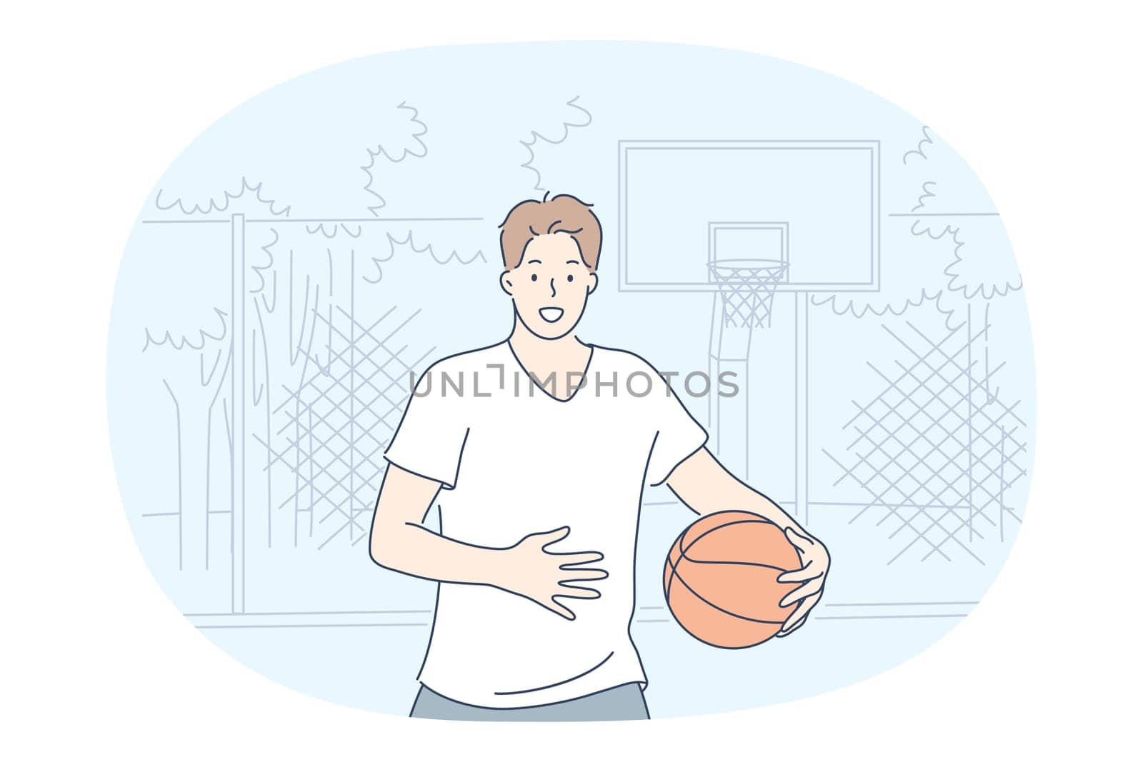 Basketball, sport, street activity concept. Young smiling boy playing street basketball on playground outdoors in summer vector illustration