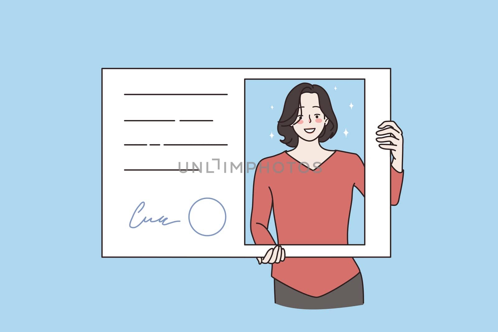Official document and identification concept. Young smiling woman standing holding ID card in hand looking from hole vector illustration