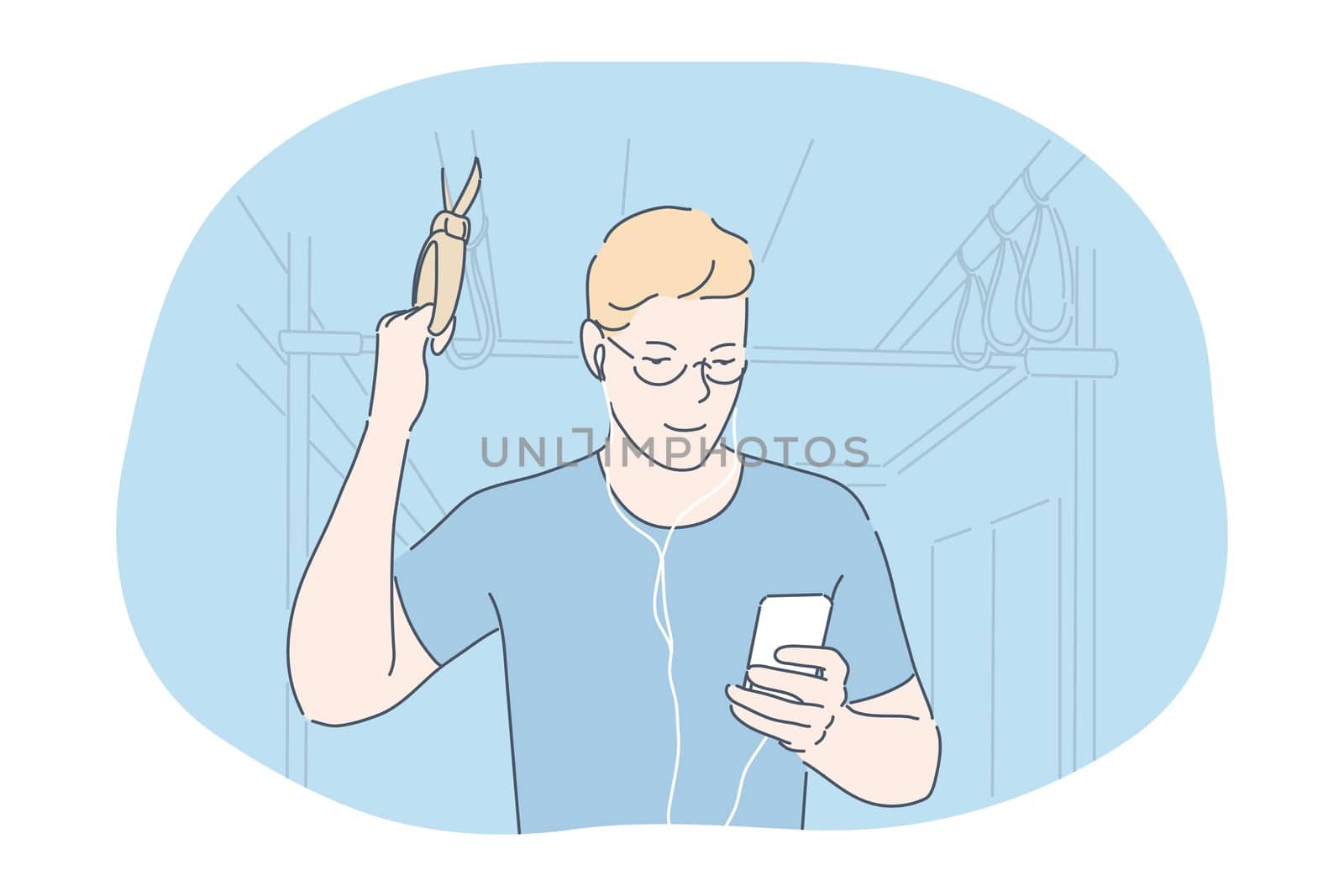 Online communication in transport concept. Smiling teen boy standing in subway or bus with smartphone, chatting, listening to music or watching movie online in earphones and looking at screen