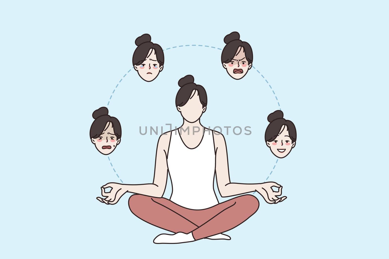Harmony and mental health concept. Young faceless girl cartoon character sitting in lotus yoga asana position controlling emotions ecstasy, anger, stress, fear, sadness vector illustration