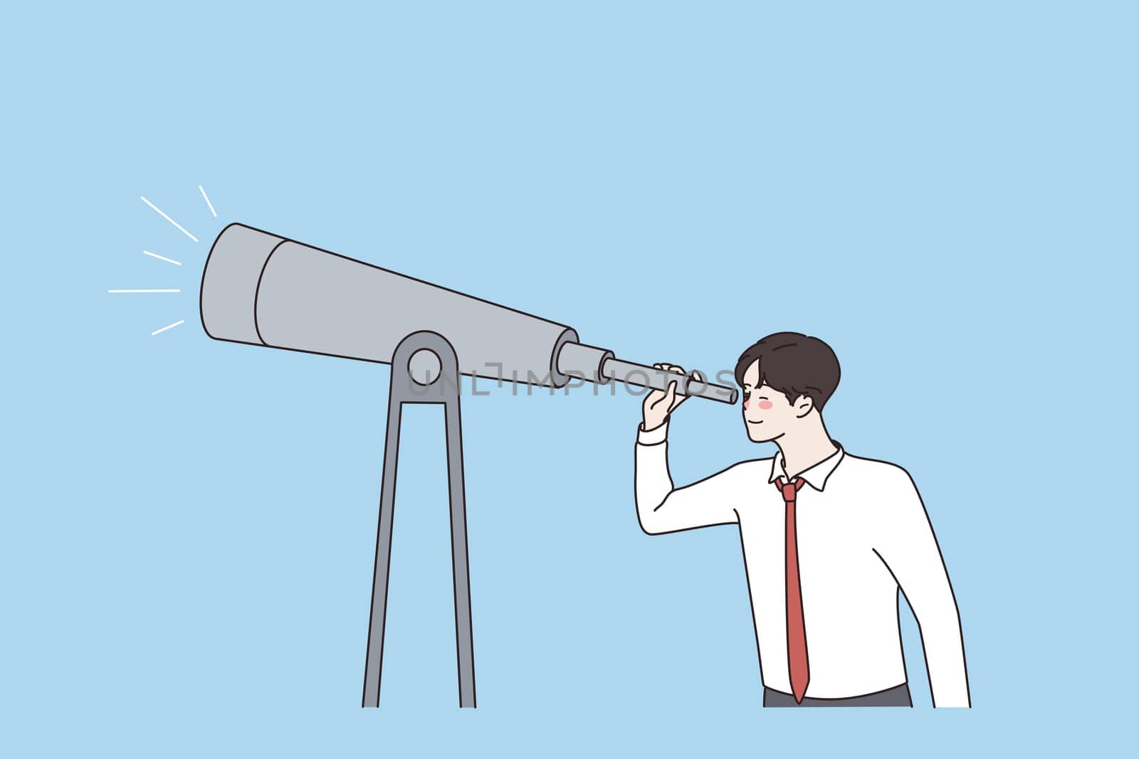 Business concept, monitoring through binoculars concept. Young businessman standing looking to future opportunities vector illustration