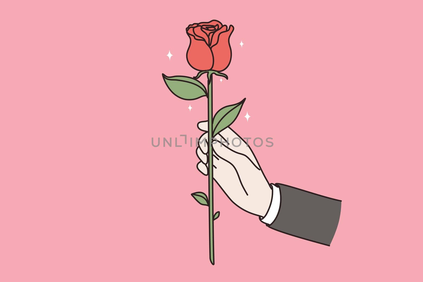 Giving flowers as present concept. Hand of businessman holding red fresh blossom rose flower giving as gift to someone vector illustration