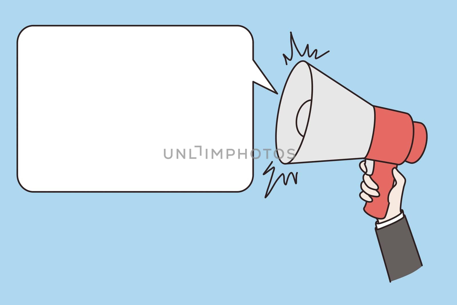Communication, announcement and public advertisement concept. Human hand holding megaphone speaker with mockup copy space white bubble speech vector illustration