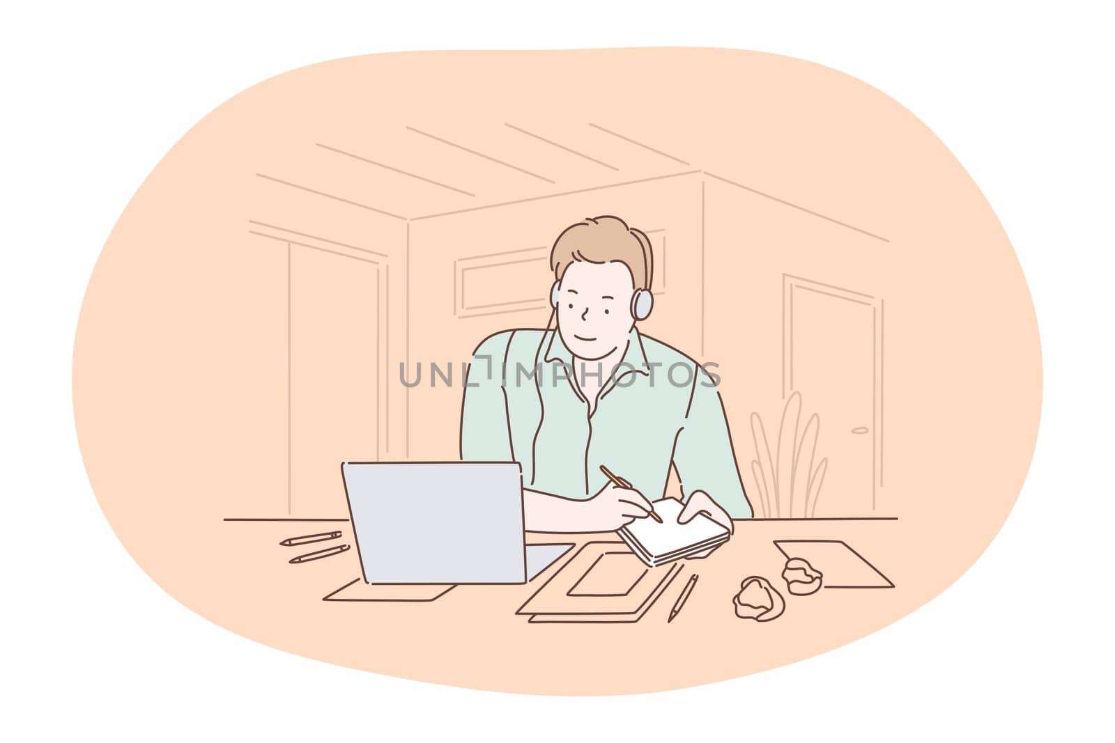 Working in office, modern company worker, online communication concept. Young smiling man cartoon character sitting on workplace with laptop in headphones and writing down tasks and information