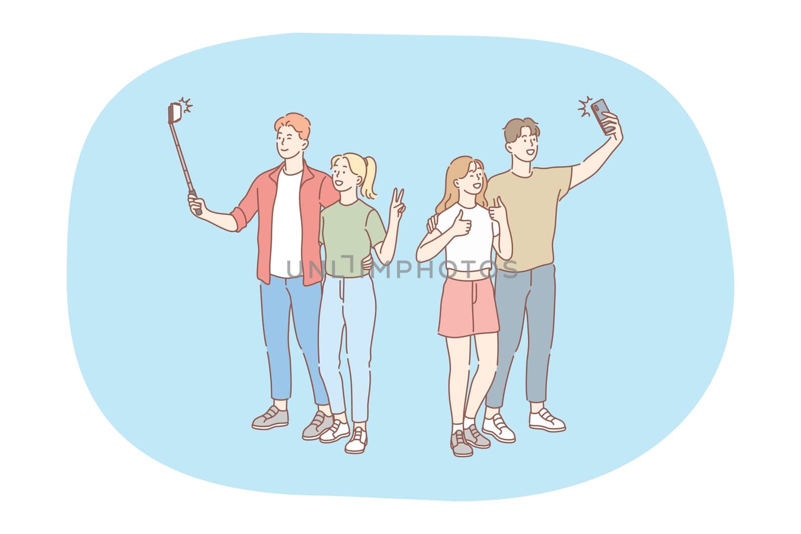 Selfie, smartphone, photograph vector illustration. Smiling young couples standing and making selfie on smartphone for sharing in social media. Lifestyle, photo, shot, sharing, stories, online, mobile