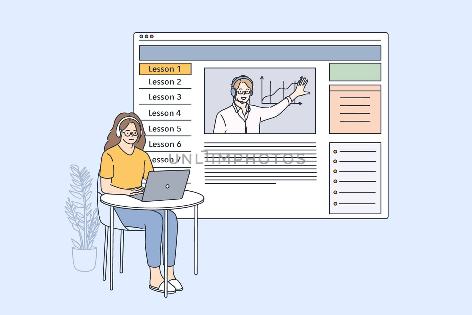 Elearning and online lesson concept. Young woman cartoon character in headphones sitting with laptop and listening to lesson course on marketing online vector illustration
