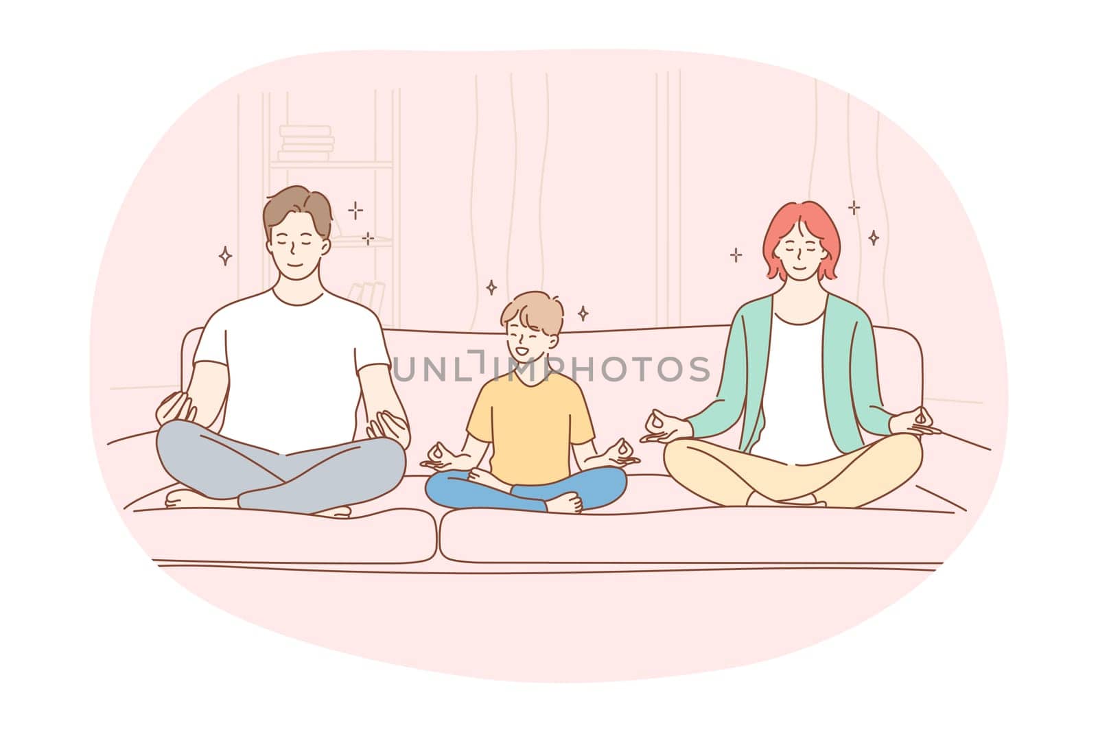 Yoga, meditation, healthy active sport lifestyle concept. Happy smiling family with small son sitting together on sofa in lotus position, practicing yoga, relaxing and meditating at home illustration