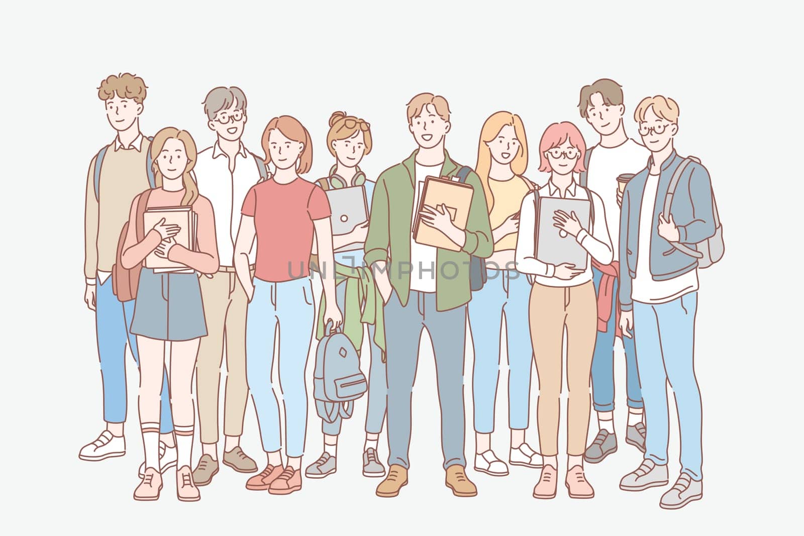 Student, education, study, college set concept. Group of young men, women students friends teenagers together. University and college life. Education, learning, study process. Simple flat vector