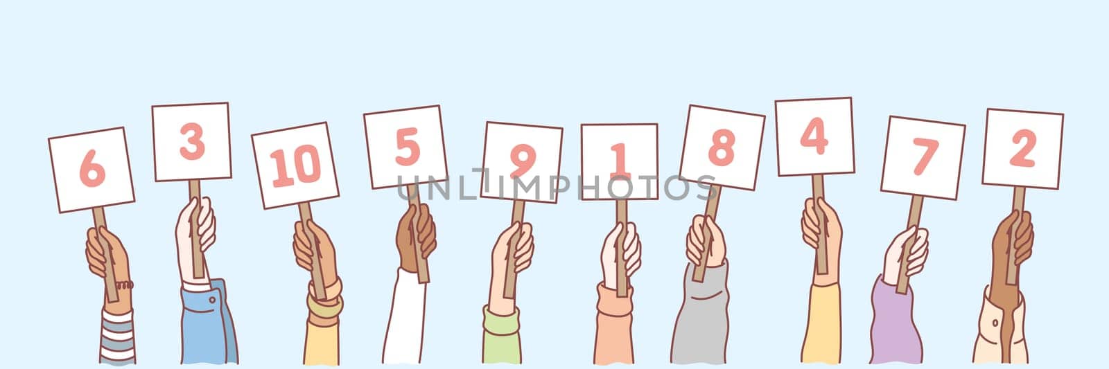 Hands with numbers set concept. Collection of men and women hands holding cards with numbers in random order. Amount of scores in competition or tournament. Votes of judges. Simple vector illustration