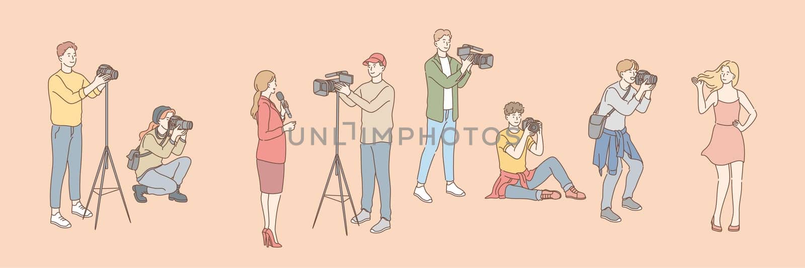 Set of photo and videographers, paparazzi, journalist concept. Photo, video shooting. Group of men women photographers and cameramen shooting video taking pictures. Model agency, tv reporter. Vector