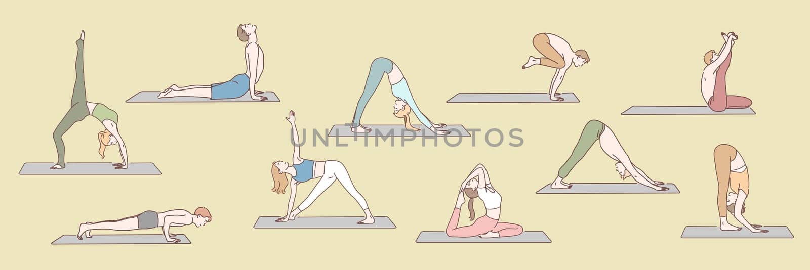 Set of people doing yoga concept. Group of young boys and girls are standing in yoga posture or asana. Men and women use different asanas to reach harmony and healthcare. Simple flat vector
