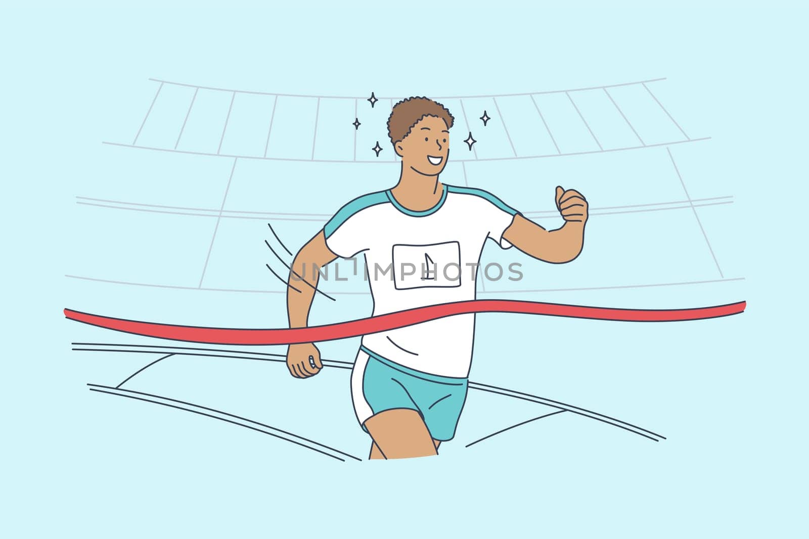 Triumph, sport, victory, success, championship concept. Young happy excited smiling african american man guy athlete runner crosses finish line with ribbon at human race. Goal achievement illustration