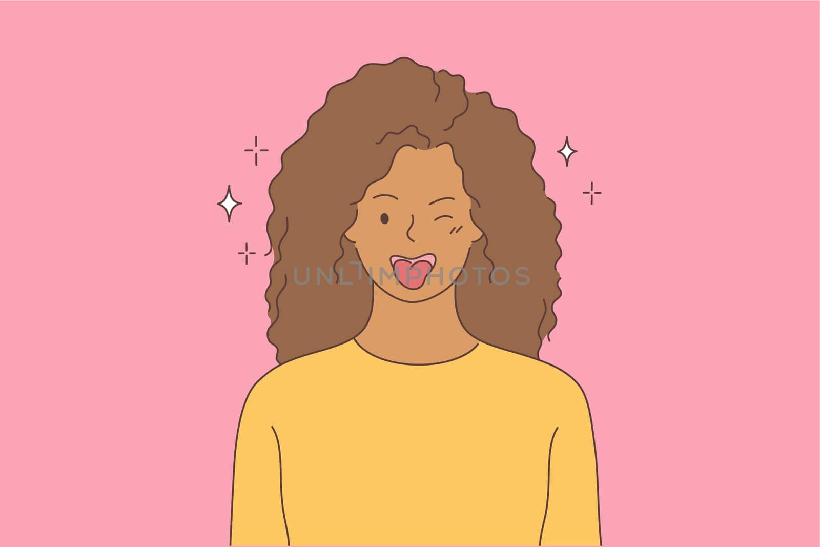 Emotion, fun, joy, face concept. Young hilarious joyful happy african american woman or girl teenager character teasing winking showing tongue out of mouth. Positive facial expression illustration.