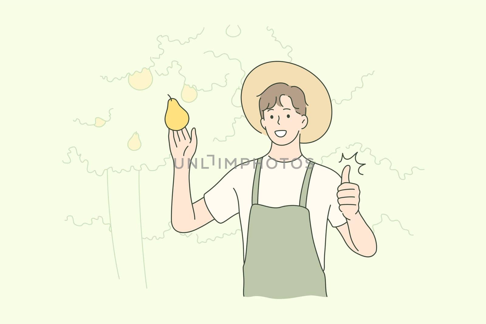 Harvesting, farming, agriculture, nature concept. Old man farmer agricultural worker character holding fruit pear showing like sign. Rural countryside lifestyle and natural food gathering illustration