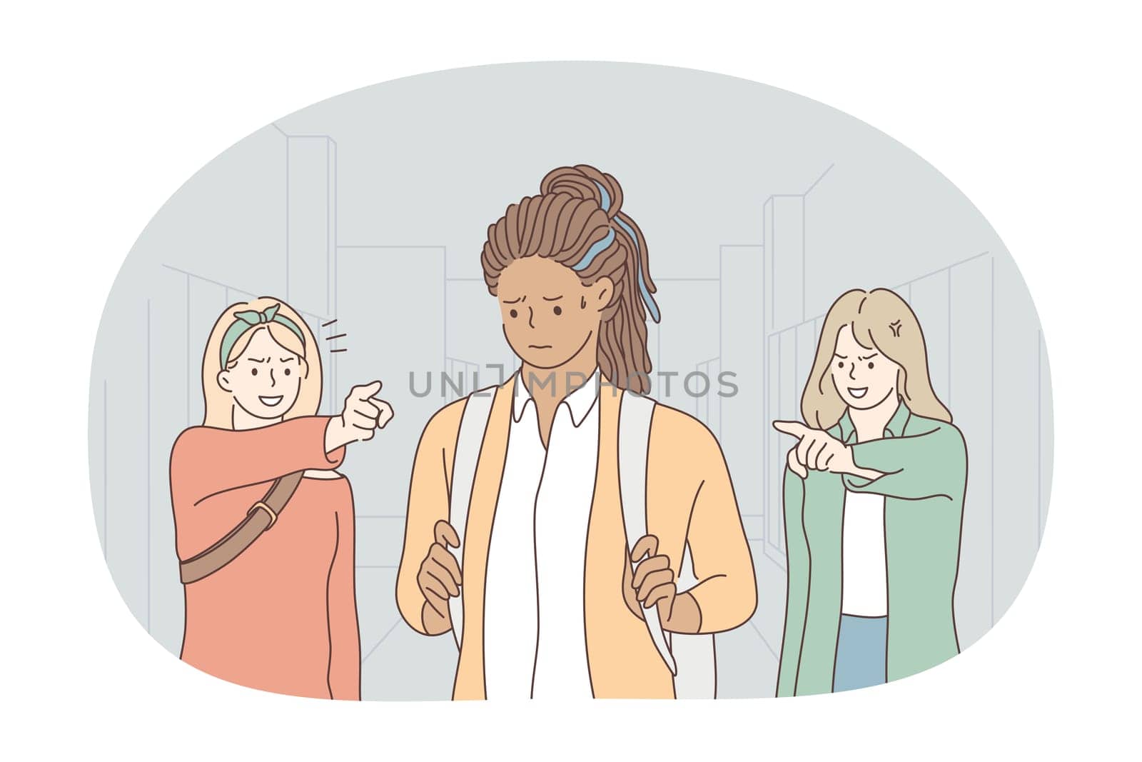 Abuse, suffering, mental Depression concept. Young unhappy black girl cartoon character school pupil standing and feeling abused from girls classmates vector illustration