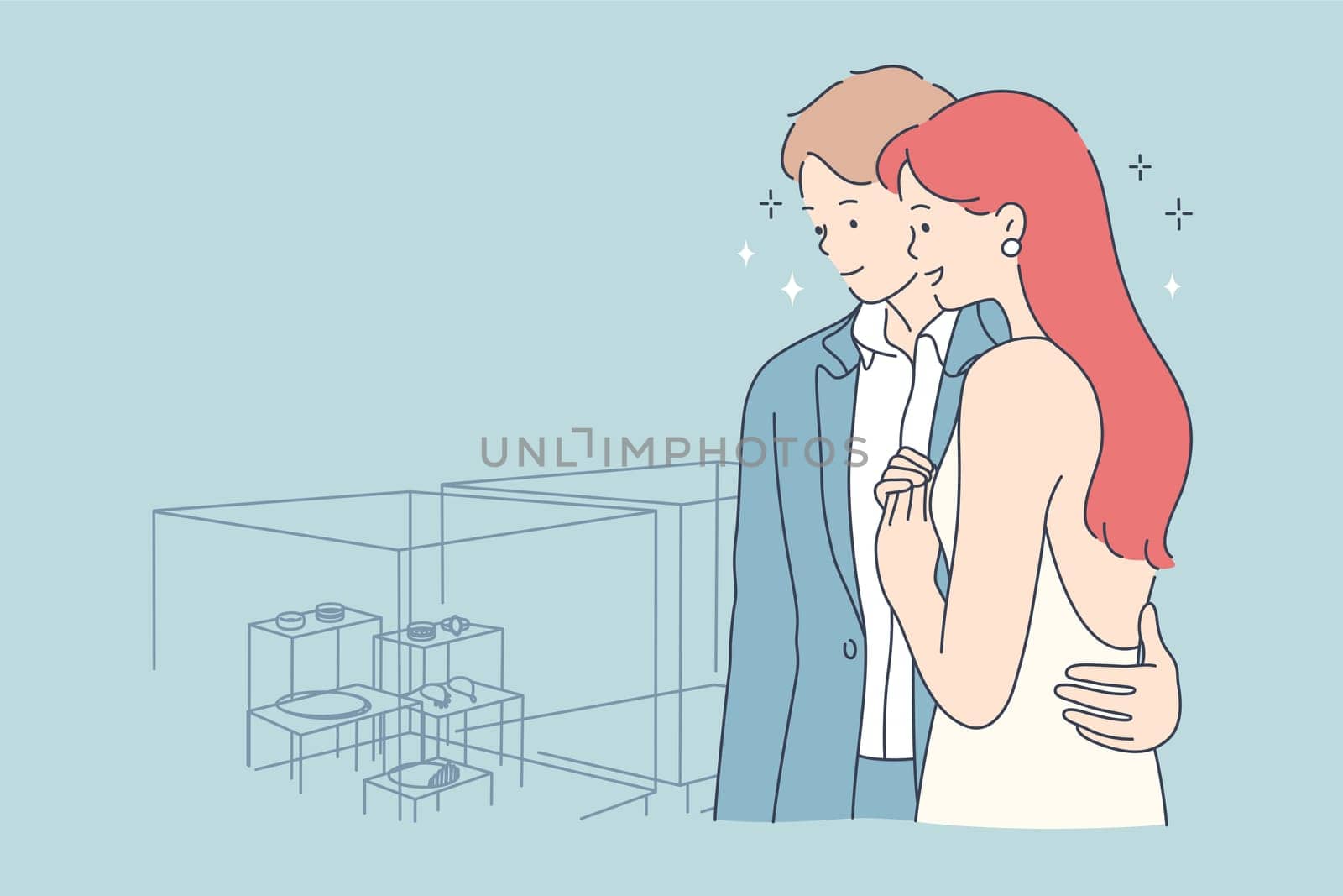 Couple, shopping, beauty, fashion, choice concept. Youn man woman husand wife boyfriend girlfriend characters standing in jewellery shop and choosing gift wedding ring together. Fashionable lifestyle.