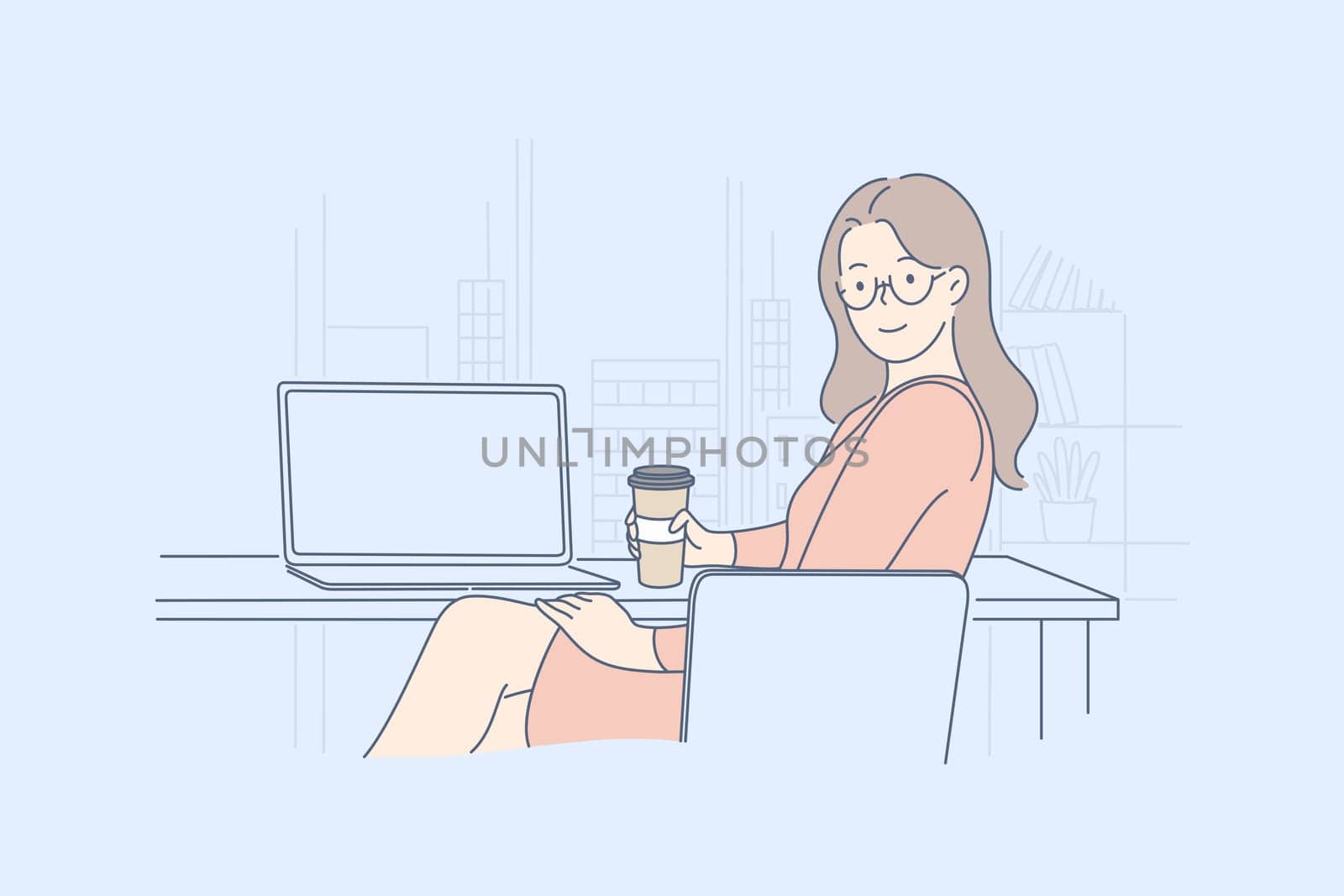 Businesswoman manager in office, lunch, leisure concept. Young happy businesswoman or girl clerk manager, boss sittion on workplace near laptop with plastic cup of coffee. Business advertising. Vector