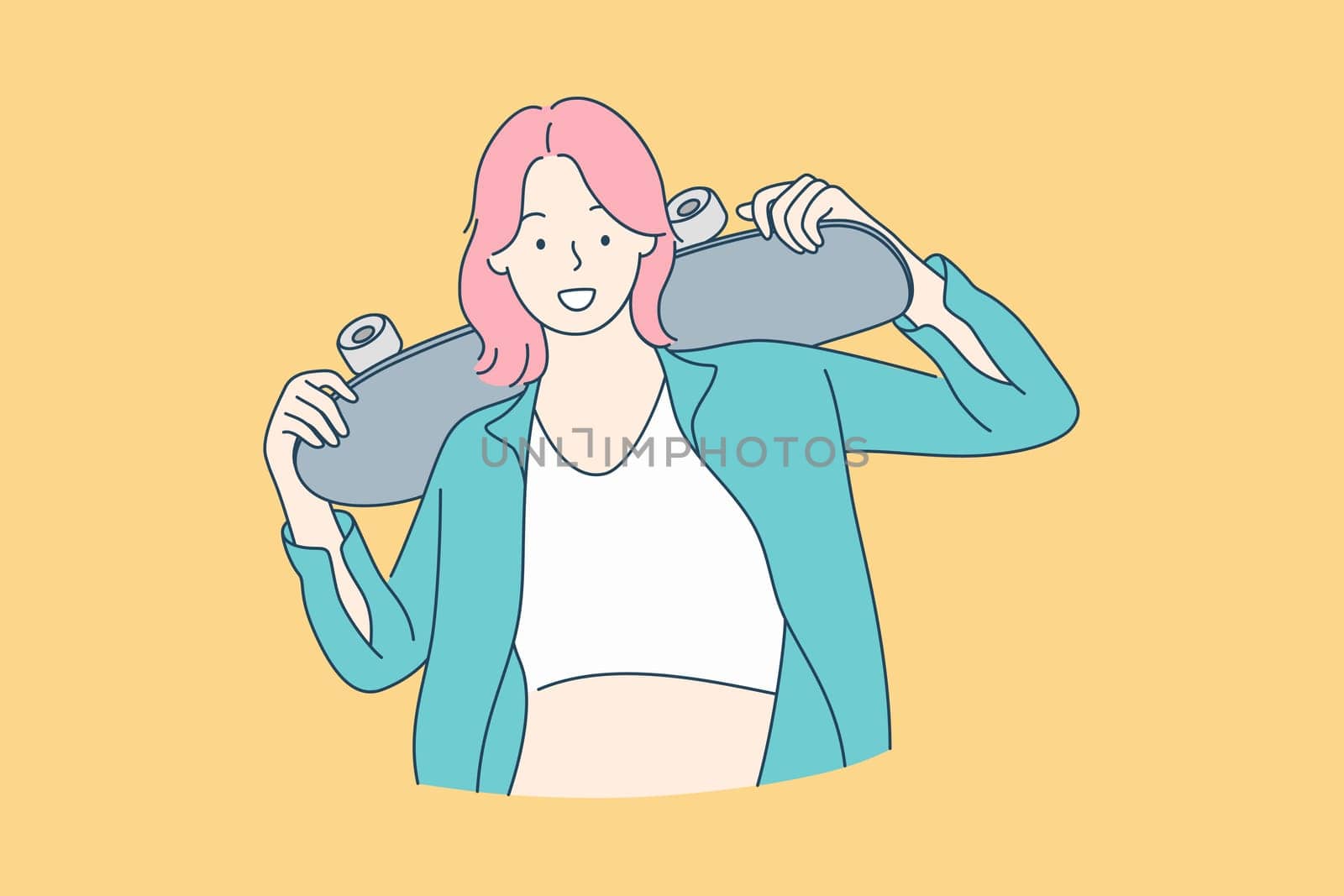 Sport, skateboarding, hobby, active lifestyle concept. Young happy modern smiling woman hipster girl teenager stands with skateboard looks straight at camera. Vector illustration