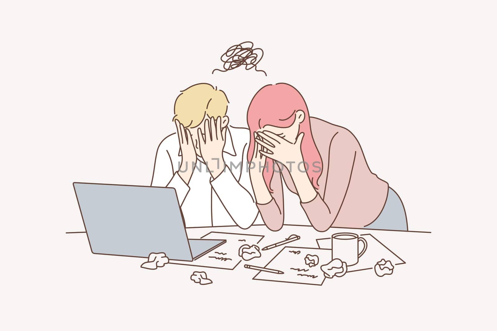 Business team, stress, depression, frustration, failure concept. Teamwork young businesspeople businessman woman coworkers cover faces in office together. Project failure.