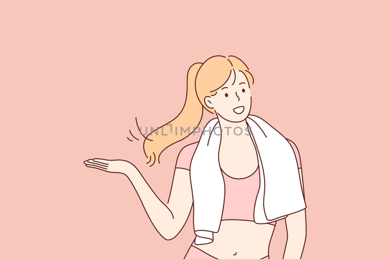 Sport, fitness, healthcare concept. Young happy smiling woman girl in sport suit with towel in good shape after activity workout session. Healthy lifestyle illustration.