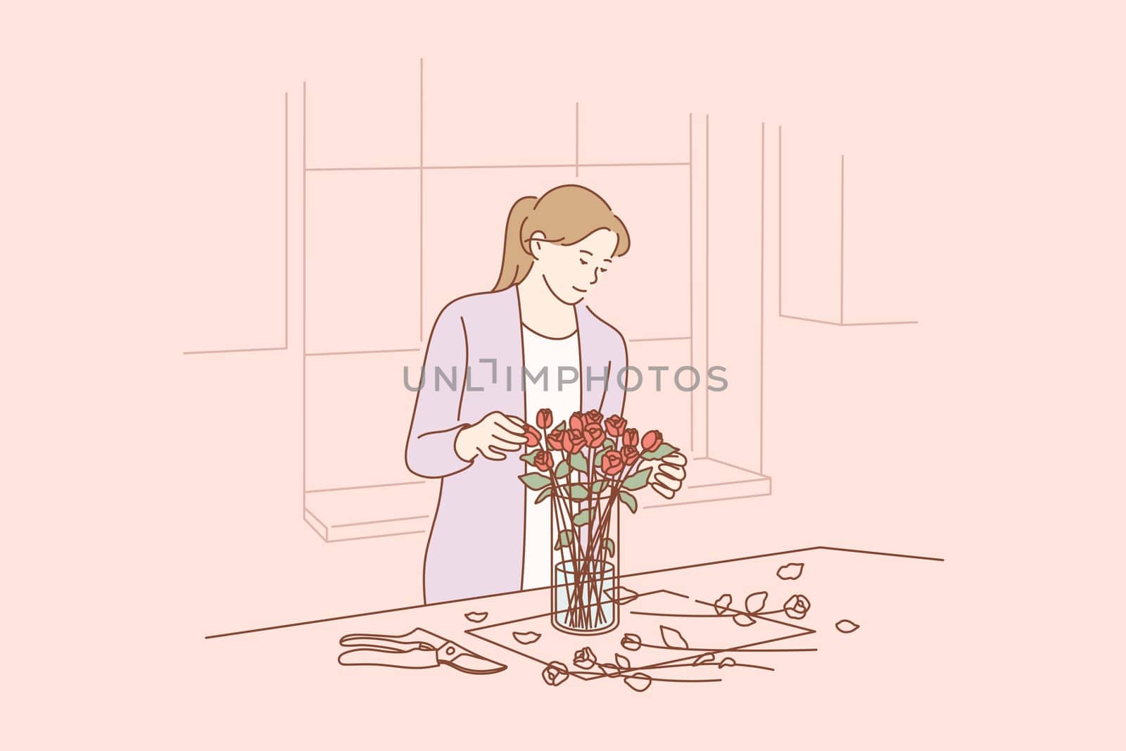 Floristics, business, decoration concept. Young happy smiling busineswoman girl florist cartoon character making bouquet of roses in flower shop for customer. Creative occupation in floral boutique.