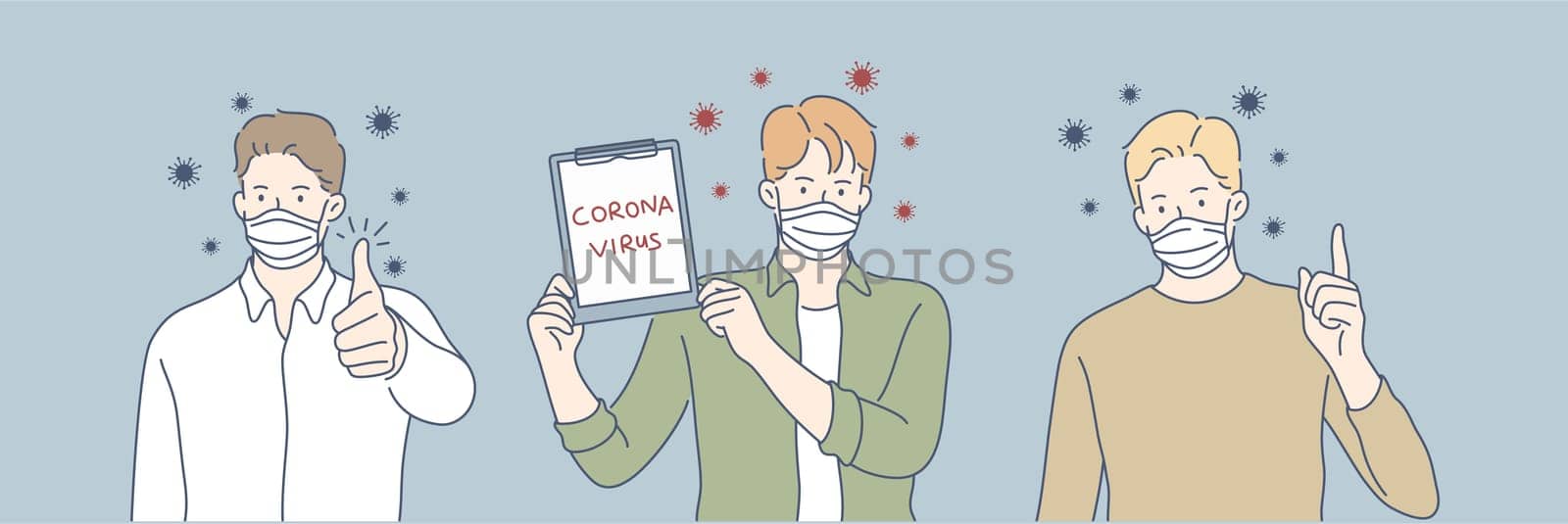 Coronavirus, medical mask, protection, health set concept. Group of men or boys with face medical masks. Protection from coronavirus, ncov19. COVID alert, quarantine. Health safety, contagious desease