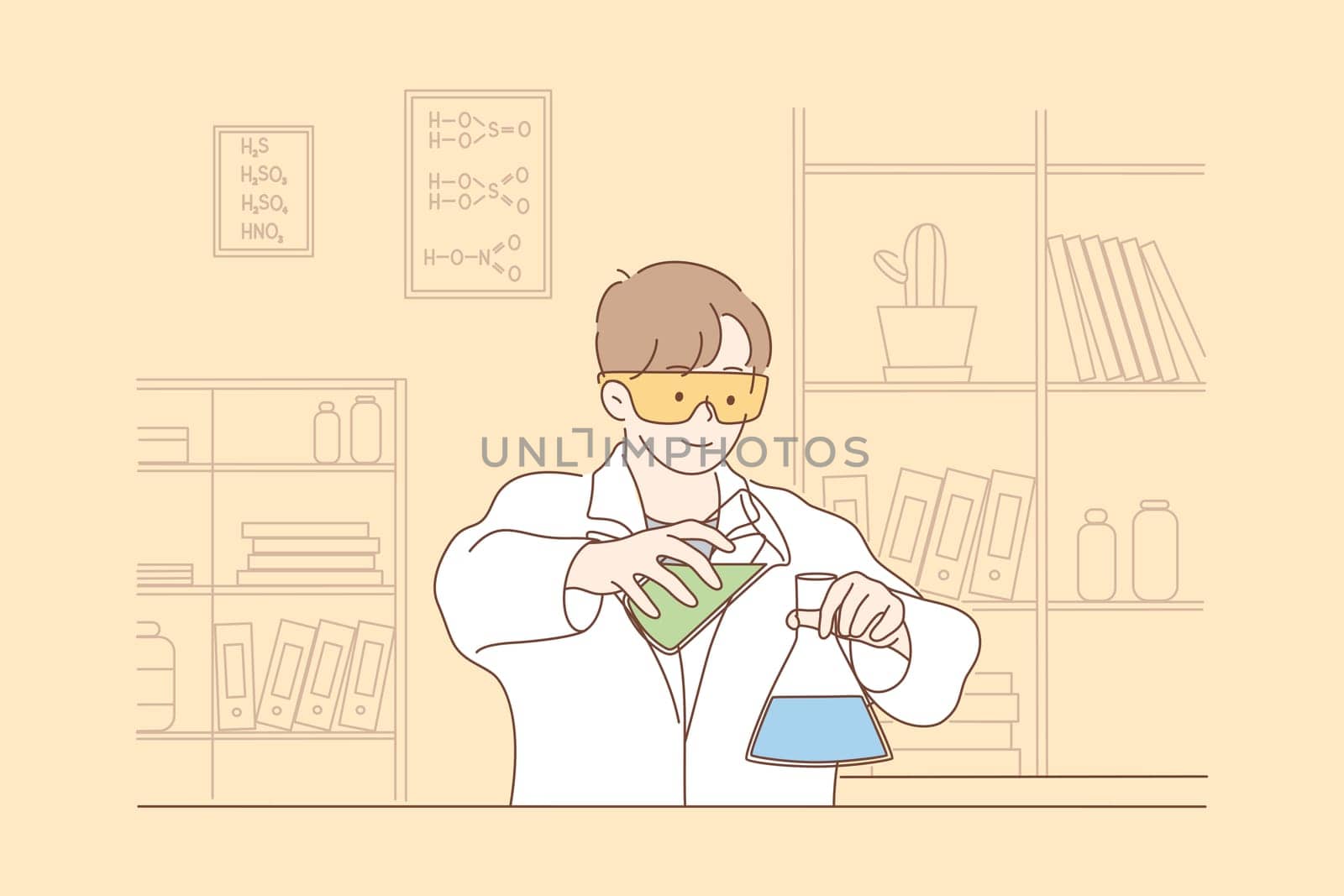 Science, chemistry, experiment concept. Young happy man scholar medical worker makes chemical reaction with reagents in laboratory. Scientific test, academic research or vaccine creation illustration.