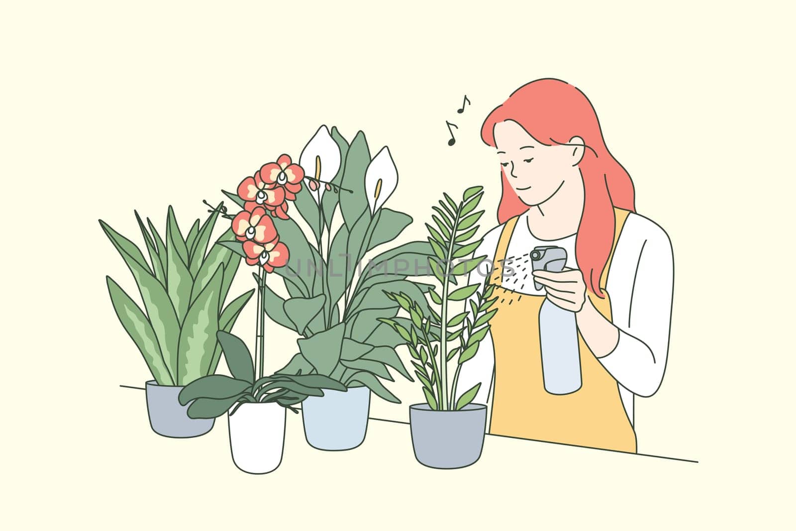Decoration, care, floristics, business concept. Young happy woman girl florist pouring watering decorative houseplants in flower shop greenhouse. Home gardening or growing flowers hobby illustration.