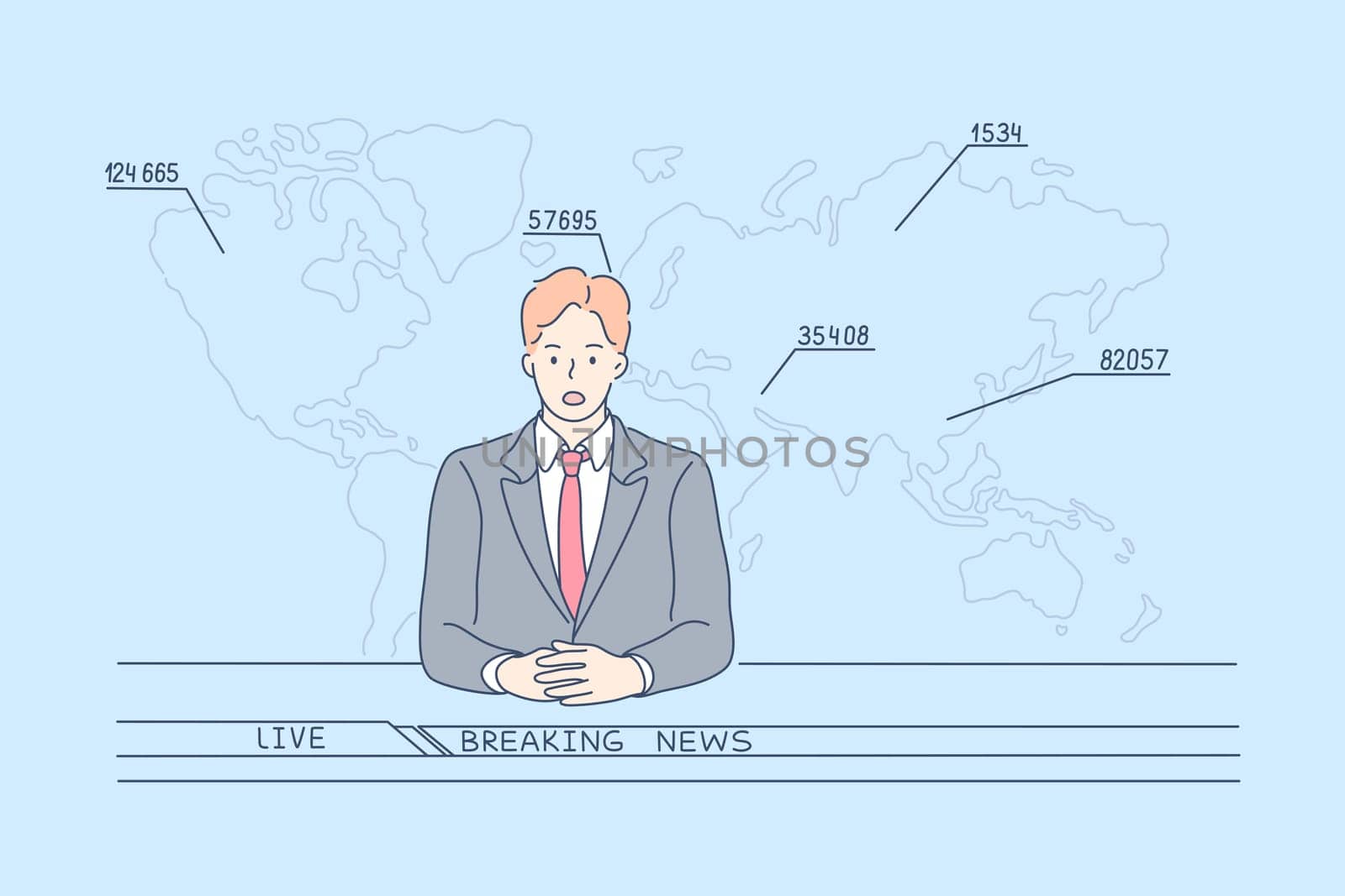TV news report concept. Young man cartoon character television host telling television breaking reportage at studio looking at camera. Coronavirus infection statistics in live broadcast illustration.