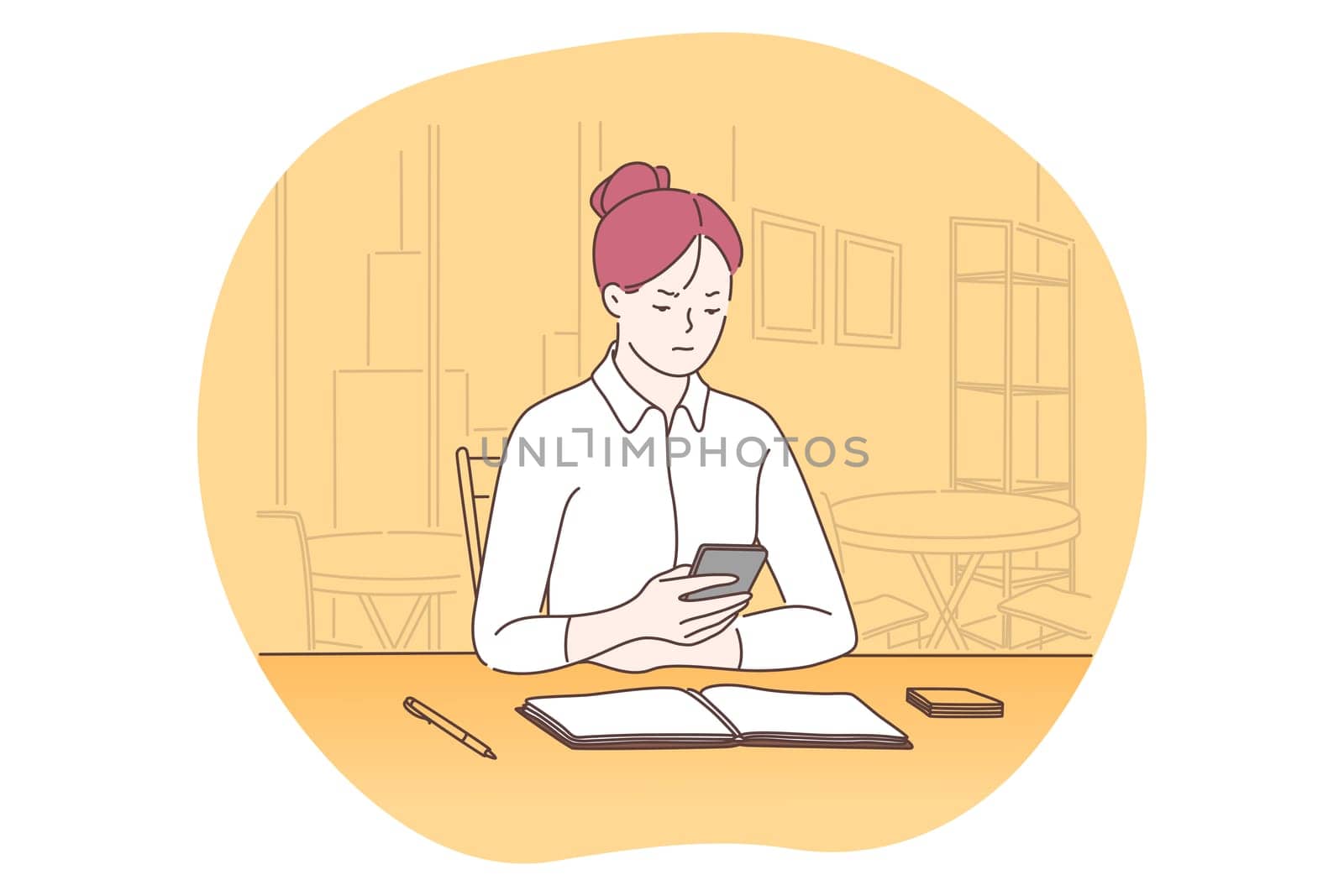 Smartphone, online communication, chatting concept. Young business lady sitting in office with smartphone, chatting, searching information in internet, calling and communicating online illustration