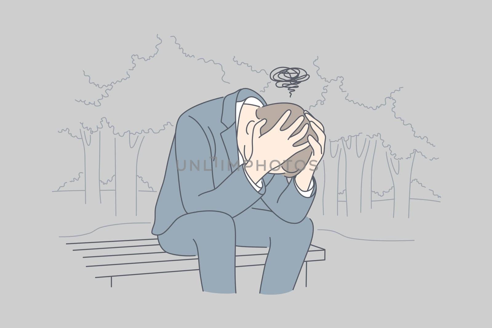 Despair, frustration, depression, business concept. Desperate young businessman crying in his hands sitting on bench covering head. Fatigue headache or migraine bad news and raising of mental stress.