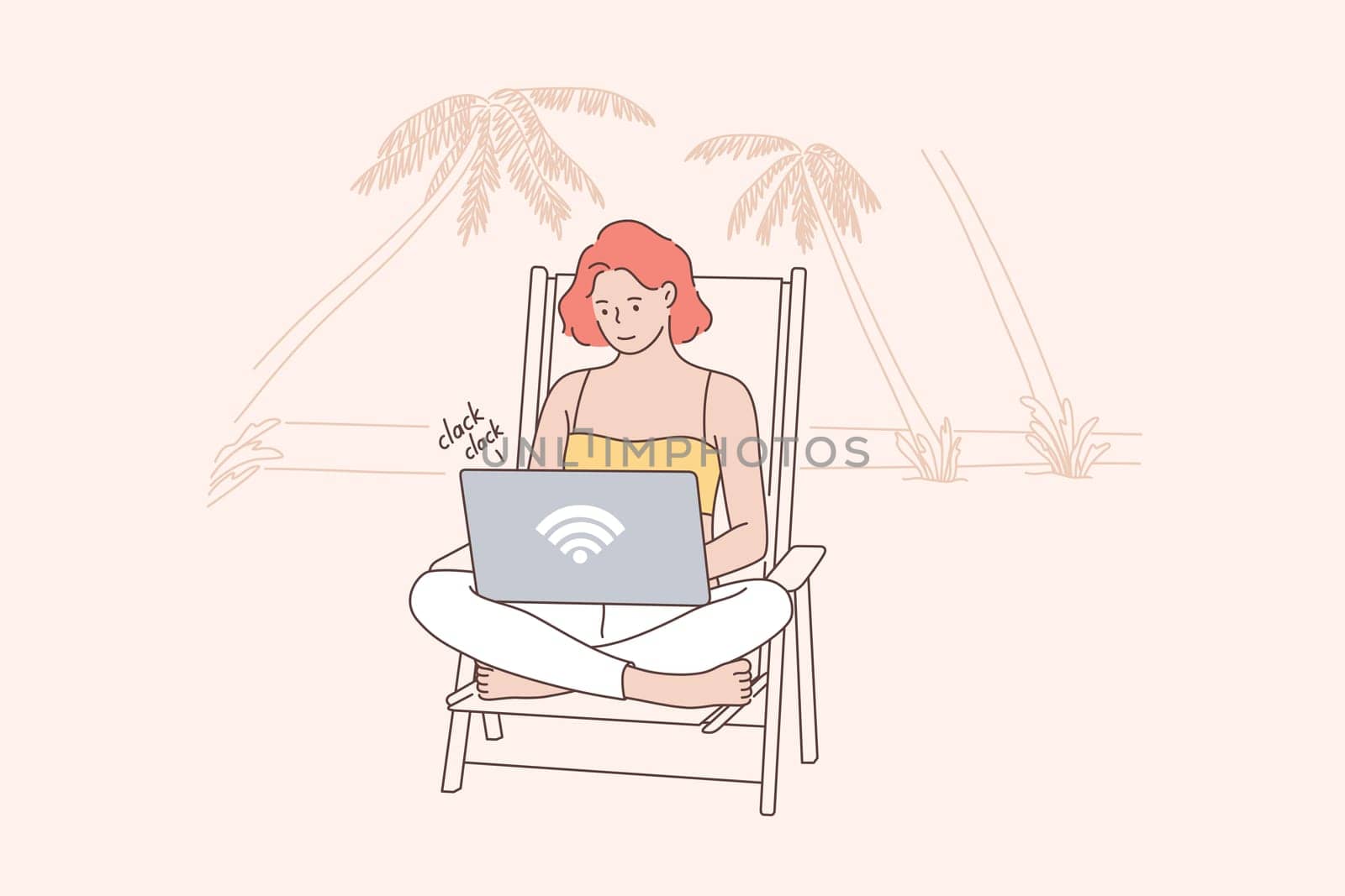 Holiday, business, freelance, recreation concept. Girl freelancer businesswoman sitting on ocean beach with laptop using free wi fi hotspot wireless internet connection. Remote working on vacation.