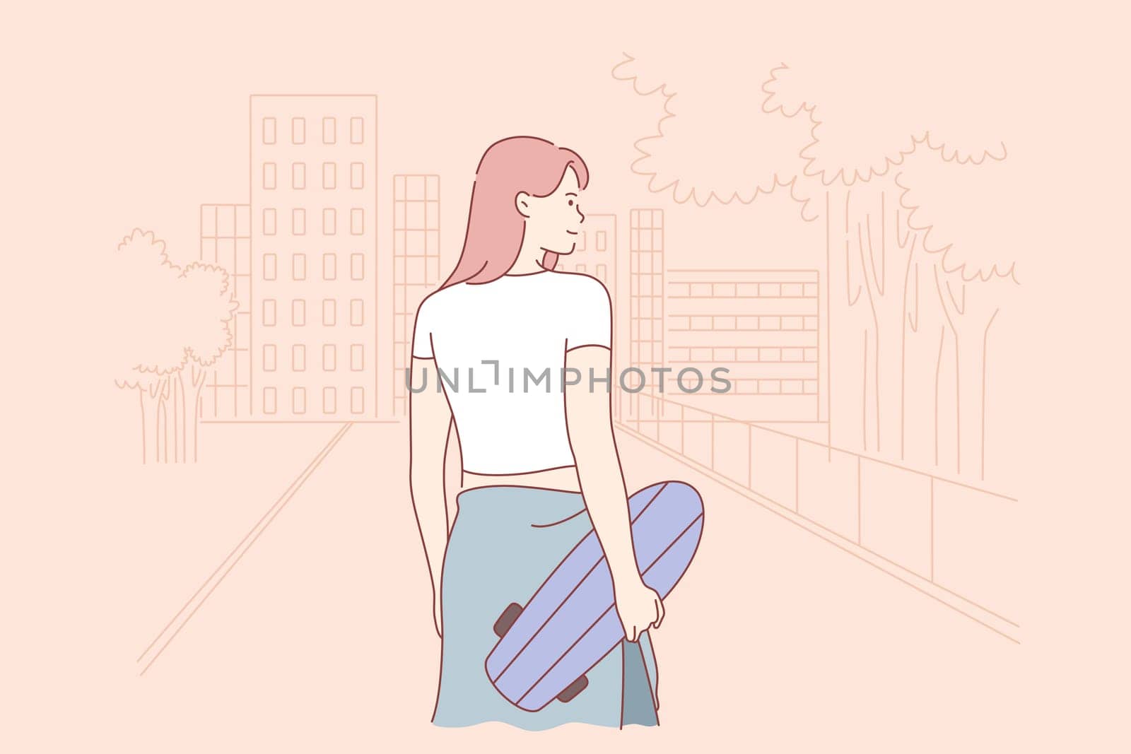 Sport, skateboarding, hobby concept. Young happy modern smiling woman hipster girl teenager cartoon character with penny board stands her back to camera. Active lifestyle extreme sport activity vector