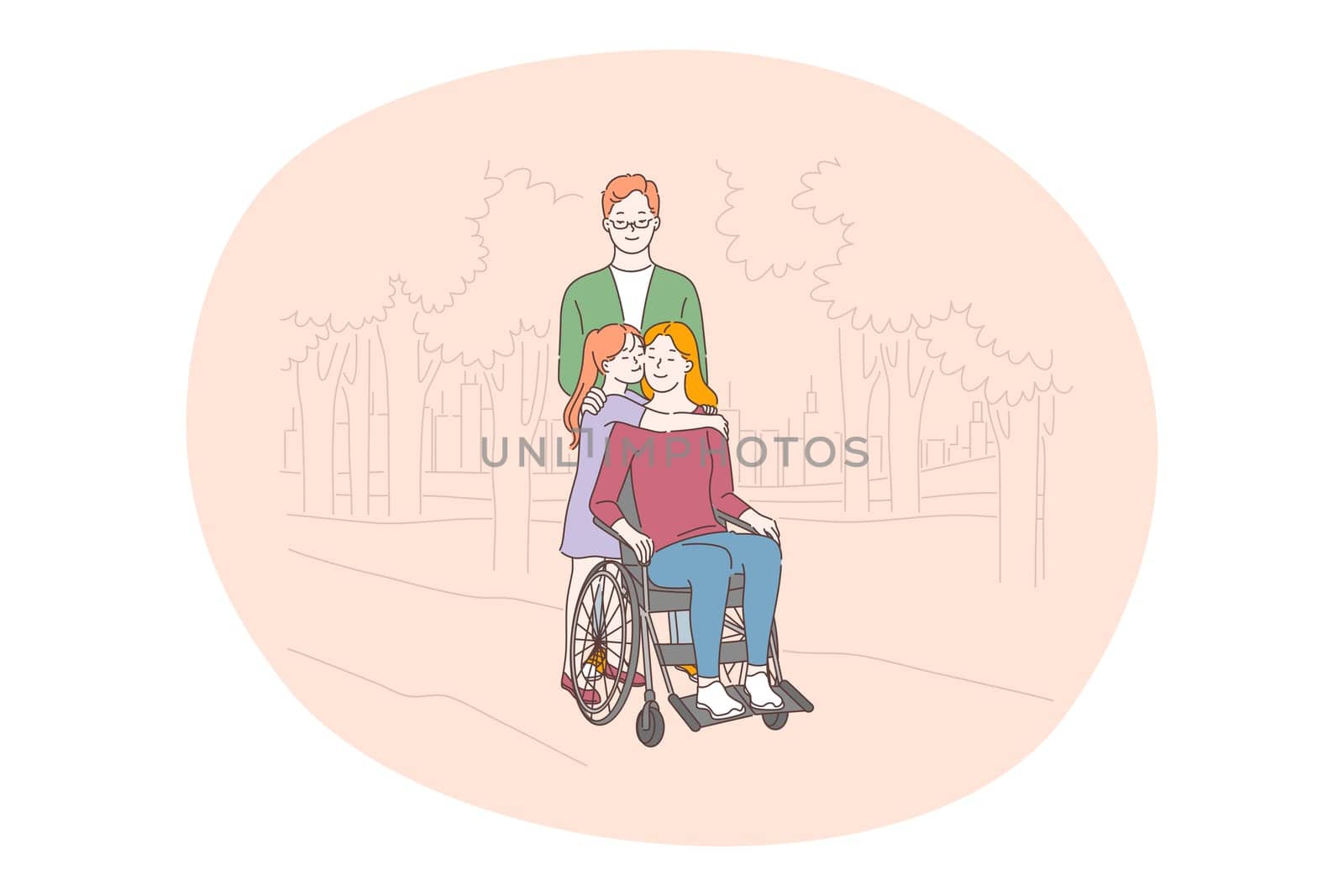 Disabled people on wheelchair living happy active lifestyle concept. Happy young woman mother on wheelchair enjoying company of her children during walk in park outdoors in summer illustration