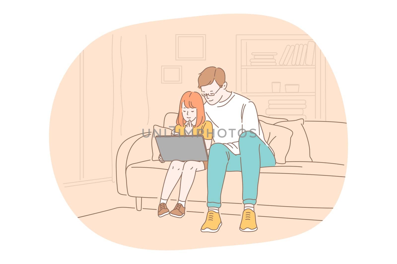Family care, fatherhood, fathers day concept. Man father daddy coach parent sitting with daughter on sofa and watching movie together at home. Fathers day, love, care, dad vector illustration